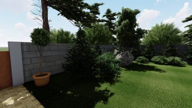 Memleketin peyzaj tasarımının 3 boyutlu görüntüsü. Bölgenin peyzajı. Birleşik peyzaj ve peyzaj çözümlerinin bilgisayar görselleştirmesi.