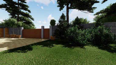 Memleketin peyzaj tasarımının 3 boyutlu görüntüsü. Bölgenin peyzajı. Birleşik peyzaj ve peyzaj çözümlerinin bilgisayar görselleştirmesi.