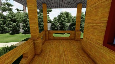 Memleketin peyzaj tasarımının 3 boyutlu görüntüsü. Bölgenin peyzajı. Birleşik peyzaj ve peyzaj çözümlerinin bilgisayar görselleştirmesi.