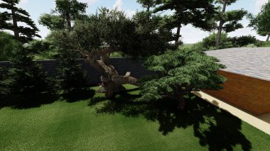 Memleketin peyzaj tasarımının 3 boyutlu görüntüsü. Bölgenin peyzajı. Birleşik peyzaj ve peyzaj çözümlerinin bilgisayar görselleştirmesi.