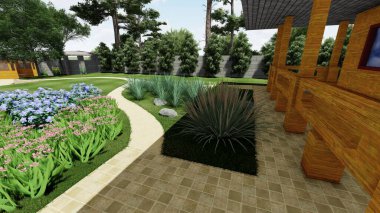 Memleketin peyzaj tasarımının 3 boyutlu görüntüsü. Bölgenin peyzajı. Birleşik peyzaj ve peyzaj çözümlerinin bilgisayar görselleştirmesi.