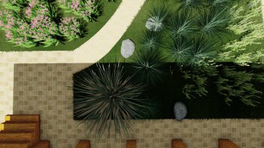 Memleketin peyzaj tasarımının 3 boyutlu görüntüsü. Bölgenin peyzajı. Birleşik peyzaj ve peyzaj çözümlerinin bilgisayar görselleştirmesi.