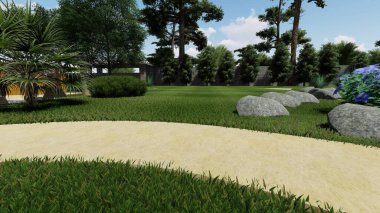 Memleketin peyzaj tasarımının 3 boyutlu görüntüsü. Bölgenin peyzajı. Birleşik peyzaj ve peyzaj çözümlerinin bilgisayar görselleştirmesi.