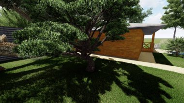 Memleketin peyzaj tasarımının 3 boyutlu görüntüsü. Bölgenin peyzajı. Birleşik peyzaj ve peyzaj çözümlerinin bilgisayar görselleştirmesi.