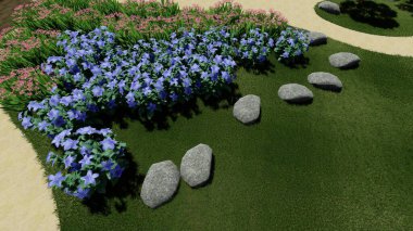 Memleketin peyzaj tasarımının 3 boyutlu görüntüsü. Bölgenin peyzajı. Birleşik peyzaj ve peyzaj çözümlerinin bilgisayar görselleştirmesi.