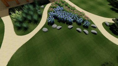 Memleketin peyzaj tasarımının 3 boyutlu görüntüsü. Bölgenin peyzajı. Birleşik peyzaj ve peyzaj çözümlerinin bilgisayar görselleştirmesi.