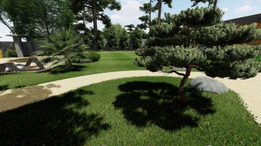 Memleketin peyzaj tasarımının 3 boyutlu görüntüsü. Bölgenin peyzajı. Birleşik peyzaj ve peyzaj çözümlerinin bilgisayar görselleştirmesi.