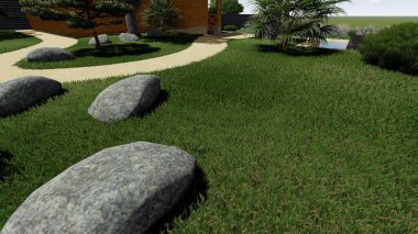 Memleketin peyzaj tasarımının 3 boyutlu görüntüsü. Bölgenin peyzajı. Birleşik peyzaj ve peyzaj çözümlerinin bilgisayar görselleştirmesi.