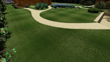 Memleketin peyzaj tasarımının 3 boyutlu görüntüsü. Bölgenin peyzajı. Birleşik peyzaj ve peyzaj çözümlerinin bilgisayar görselleştirmesi.