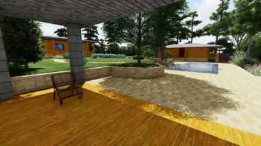 Memleketin peyzaj tasarımının 3 boyutlu görüntüsü. Bölgenin peyzajı. Birleşik peyzaj ve peyzaj çözümlerinin bilgisayar görselleştirmesi.