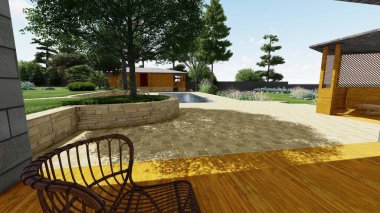 Memleketin peyzaj tasarımının 3 boyutlu görüntüsü. Bölgenin peyzajı. Birleşik peyzaj ve peyzaj çözümlerinin bilgisayar görselleştirmesi.