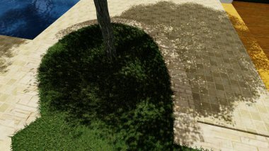 Memleketin peyzaj tasarımının 3 boyutlu görüntüsü. Bölgenin peyzajı. Birleşik peyzaj ve peyzaj çözümlerinin bilgisayar görselleştirmesi.