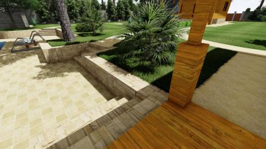 Memleketin peyzaj tasarımının 3 boyutlu görüntüsü. Bölgenin peyzajı. Birleşik peyzaj ve peyzaj çözümlerinin bilgisayar görselleştirmesi.