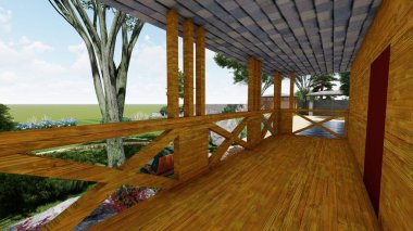 Memleketin peyzaj tasarımının 3 boyutlu görüntüsü. Bölgenin peyzajı. Birleşik peyzaj ve peyzaj çözümlerinin bilgisayar görselleştirmesi.