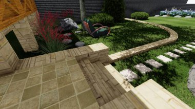 Memleketin peyzaj tasarımının 3 boyutlu görüntüsü. Bölgenin peyzajı. Birleşik peyzaj ve peyzaj çözümlerinin bilgisayar görselleştirmesi.