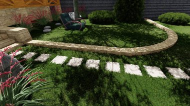 Memleketin peyzaj tasarımının 3 boyutlu görüntüsü. Bölgenin peyzajı. Birleşik peyzaj ve peyzaj çözümlerinin bilgisayar görselleştirmesi.