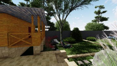 Memleketin peyzaj tasarımının 3 boyutlu görüntüsü. Bölgenin peyzajı. Birleşik peyzaj ve peyzaj çözümlerinin bilgisayar görselleştirmesi.