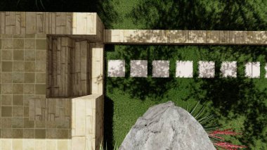 Memleketin peyzaj tasarımının 3 boyutlu görüntüsü. Bölgenin peyzajı. Birleşik peyzaj ve peyzaj çözümlerinin bilgisayar görselleştirmesi.