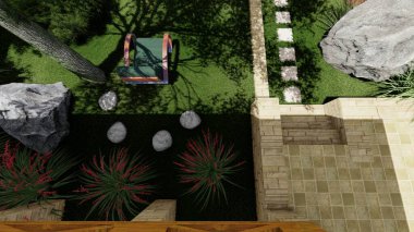 Memleketin peyzaj tasarımının 3 boyutlu görüntüsü. Bölgenin peyzajı. Birleşik peyzaj ve peyzaj çözümlerinin bilgisayar görselleştirmesi.