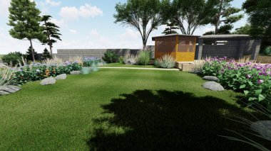 Memleketin peyzaj tasarımının 3 boyutlu görüntüsü. Bölgenin peyzajı. Birleşik peyzaj ve peyzaj çözümlerinin bilgisayar görselleştirmesi.