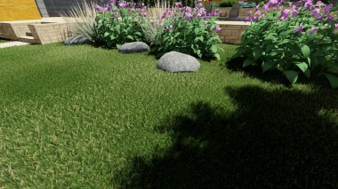 Memleketin peyzaj tasarımının 3 boyutlu görüntüsü. Bölgenin peyzajı. Birleşik peyzaj ve peyzaj çözümlerinin bilgisayar görselleştirmesi.