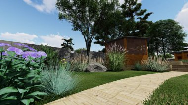 Memleketin peyzaj tasarımının 3 boyutlu görüntüsü. Bölgenin peyzajı. Birleşik peyzaj ve peyzaj çözümlerinin bilgisayar görselleştirmesi.