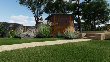 Memleketin peyzaj tasarımının 3 boyutlu görüntüsü. Bölgenin peyzajı. Birleşik peyzaj ve peyzaj çözümlerinin bilgisayar görselleştirmesi.