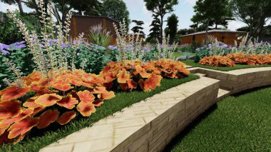 Memleketin peyzaj tasarımının 3 boyutlu görüntüsü. Bölgenin peyzajı. Birleşik peyzaj ve peyzaj çözümlerinin bilgisayar görselleştirmesi.