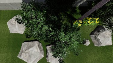 Memleketin peyzaj tasarımının 3 boyutlu görüntüsü. Bölgenin peyzajı. Birleşik peyzaj ve peyzaj çözümlerinin bilgisayar görselleştirmesi.