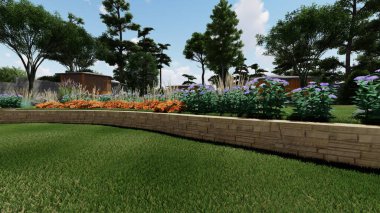 Memleketin peyzaj tasarımının 3 boyutlu görüntüsü. Bölgenin peyzajı. Birleşik peyzaj ve peyzaj çözümlerinin bilgisayar görselleştirmesi.