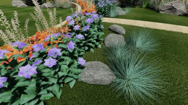 Memleketin peyzaj tasarımının 3 boyutlu görüntüsü. Bölgenin peyzajı. Birleşik peyzaj ve peyzaj çözümlerinin bilgisayar görselleştirmesi.