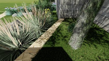 Memleketin peyzaj tasarımının 3 boyutlu görüntüsü. Bölgenin peyzajı. Birleşik peyzaj ve peyzaj çözümlerinin bilgisayar görselleştirmesi.