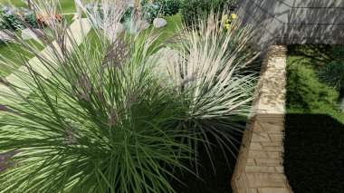 Memleketin peyzaj tasarımının 3 boyutlu görüntüsü. Bölgenin peyzajı. Birleşik peyzaj ve peyzaj çözümlerinin bilgisayar görselleştirmesi.