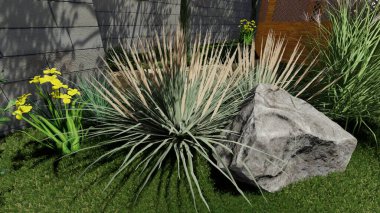 Memleketin peyzaj tasarımının 3 boyutlu görüntüsü. Bölgenin peyzajı. Birleşik peyzaj ve peyzaj çözümlerinin bilgisayar görselleştirmesi.