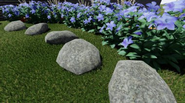 Memleketin peyzaj tasarımının 3 boyutlu görüntüsü. Bölgenin peyzajı. Birleşik peyzaj ve peyzaj çözümlerinin bilgisayar görselleştirmesi.