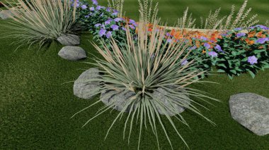 Memleketin peyzaj tasarımının 3 boyutlu görüntüsü. Bölgenin peyzajı. Birleşik peyzaj ve peyzaj çözümlerinin bilgisayar görselleştirmesi.