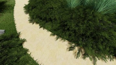 Memleketin peyzaj tasarımının 3 boyutlu görüntüsü. Bölgenin peyzajı. Birleşik peyzaj ve peyzaj çözümlerinin bilgisayar görselleştirmesi.