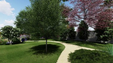 Memleketin peyzaj tasarımının 3 boyutlu görüntüsü. Bölgenin peyzajı. Birleşik peyzaj ve peyzaj çözümlerinin bilgisayar görselleştirmesi.