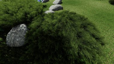 Memleketin peyzaj tasarımının 3 boyutlu görüntüsü. Bölgenin peyzajı. Birleşik peyzaj ve peyzaj çözümlerinin bilgisayar görselleştirmesi.