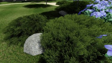 Memleketin peyzaj tasarımının 3 boyutlu görüntüsü. Bölgenin peyzajı. Birleşik peyzaj ve peyzaj çözümlerinin bilgisayar görselleştirmesi.