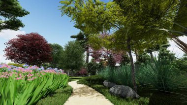 Memleketin peyzaj tasarımının 3 boyutlu görüntüsü. Bölgenin peyzajı. Birleşik peyzaj ve peyzaj çözümlerinin bilgisayar görselleştirmesi.