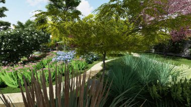 Memleketin peyzaj tasarımının 3 boyutlu görüntüsü. Bölgenin peyzajı. Birleşik peyzaj ve peyzaj çözümlerinin bilgisayar görselleştirmesi.