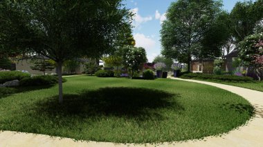 Memleketin peyzaj tasarımının 3 boyutlu görüntüsü. Bölgenin peyzajı. Birleşik peyzaj ve peyzaj çözümlerinin bilgisayar görselleştirmesi.