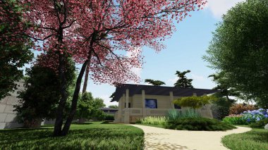 Memleketin peyzaj tasarımının 3 boyutlu görüntüsü. Bölgenin peyzajı. Birleşik peyzaj ve peyzaj çözümlerinin bilgisayar görselleştirmesi.