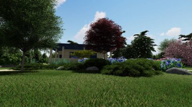 Memleketin peyzaj tasarımının 3 boyutlu görüntüsü. Bölgenin peyzajı. Birleşik peyzaj ve peyzaj çözümlerinin bilgisayar görselleştirmesi.