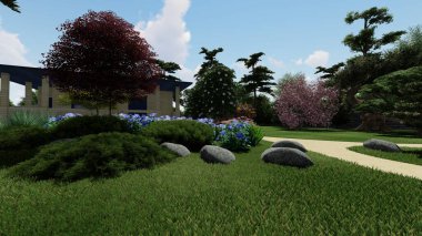 Memleketin peyzaj tasarımının 3 boyutlu görüntüsü. Bölgenin peyzajı. Birleşik peyzaj ve peyzaj çözümlerinin bilgisayar görselleştirmesi.