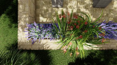 Memleketin peyzaj tasarımının 3 boyutlu görüntüsü. Bölgenin peyzajı. Birleşik peyzaj ve peyzaj çözümlerinin bilgisayar görselleştirmesi.