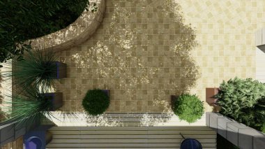 Memleketin peyzaj tasarımının 3 boyutlu görüntüsü. Bölgenin peyzajı. Birleşik peyzaj ve peyzaj çözümlerinin bilgisayar görselleştirmesi.