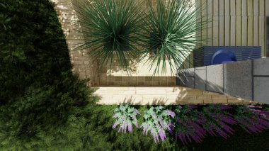 Memleketin peyzaj tasarımının 3 boyutlu görüntüsü. Bölgenin peyzajı. Birleşik peyzaj ve peyzaj çözümlerinin bilgisayar görselleştirmesi.