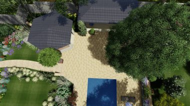 Memleketin peyzaj tasarımının 3 boyutlu görüntüsü. Bölgenin peyzajı. Birleşik peyzaj ve peyzaj çözümlerinin bilgisayar görselleştirmesi.